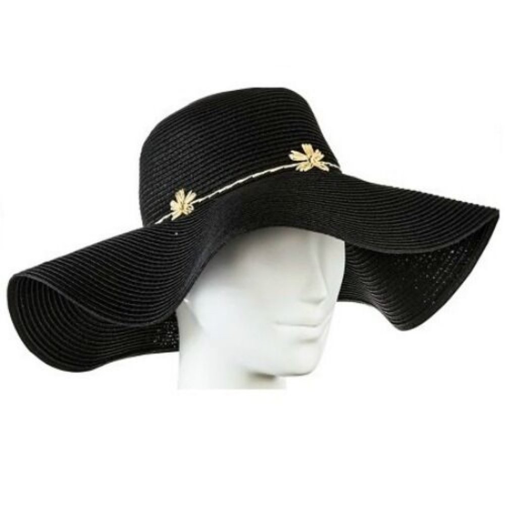 Women's Floppy Straw Hat Black with Embroidery Flower Black